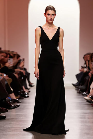 V-Neck A Line Black Evening Dress